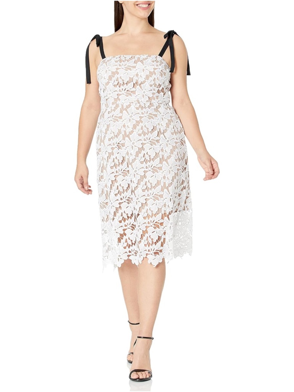 Donna Morgan Lace White Midi Dress with Black Tie Straps Bridal | Bachelorette